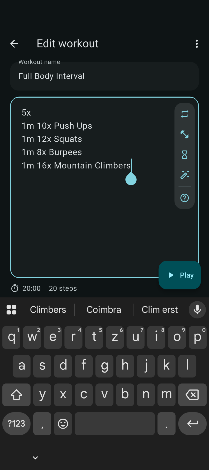Editing a workout in SetCast