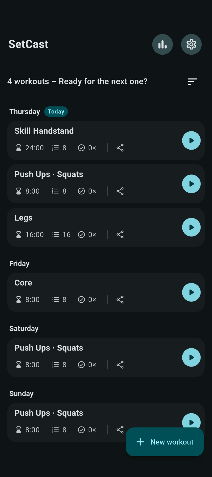 SetCast home screen with workouts